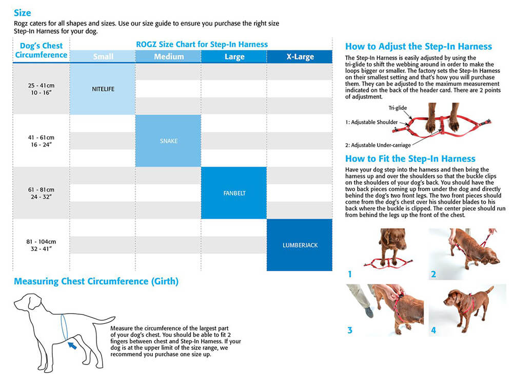 Rogz Utility Nitelife Step-in Dog Harness Sizing Guide